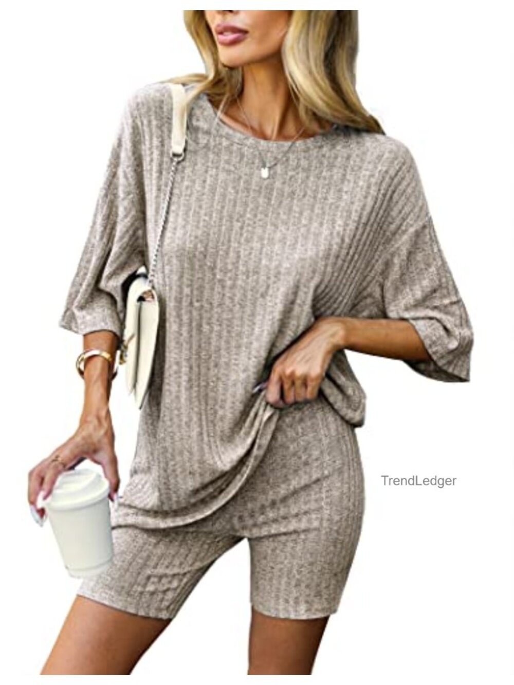 Ekouaer 2 Piece Lounge Set Ribbed Knit Oversized Shirt Biker Shorts Pajama Set